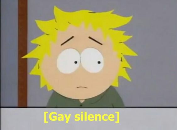 a picture of tweek from south park. he is staring to the right with a look of concern. the caption reads: [gay silence]