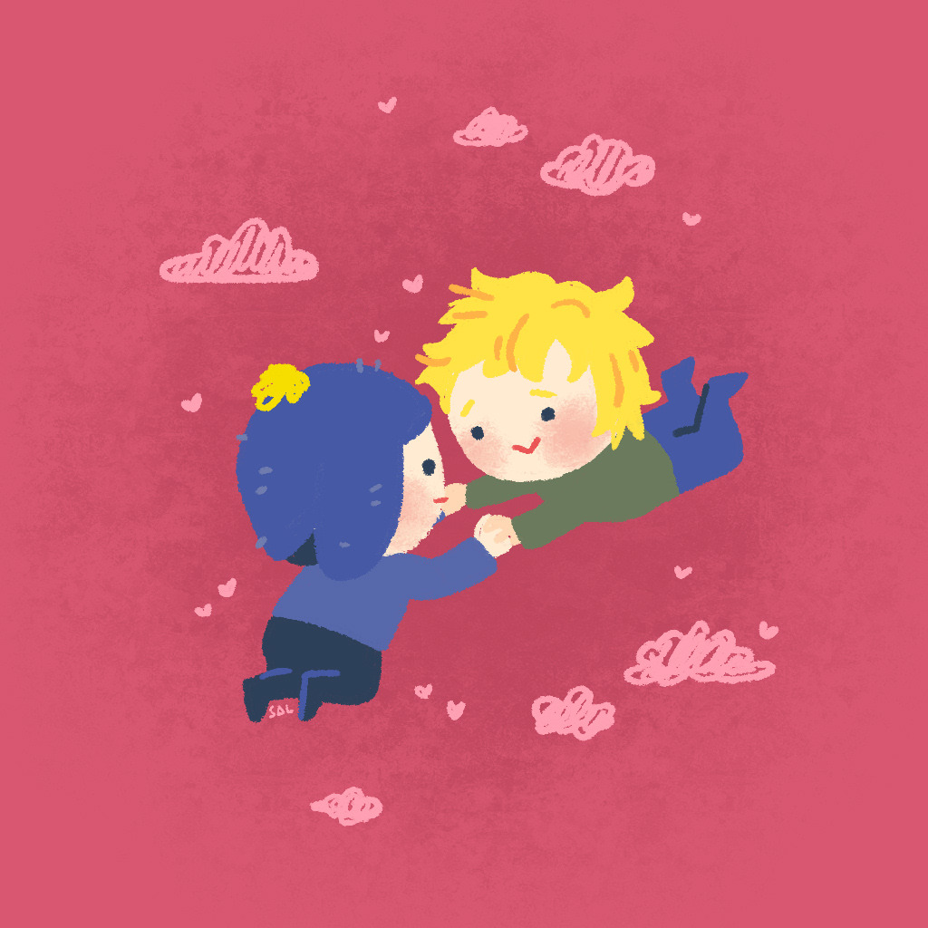 tweek and craig holding hands lovingly. the art is done by @saldoodles on tumblr