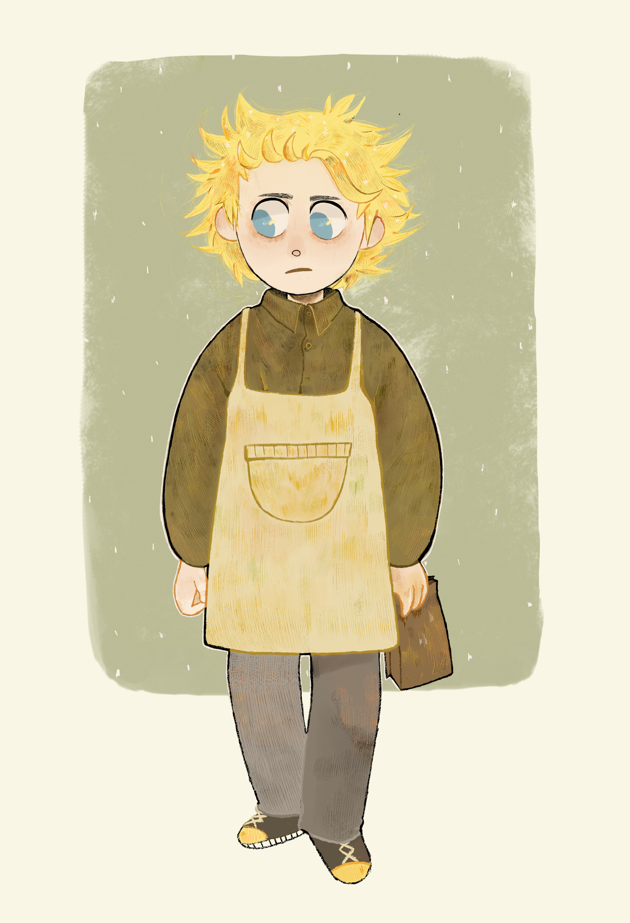 a detailed image of tweek in his work apron, he looks slightly displeased but otherwise calm.