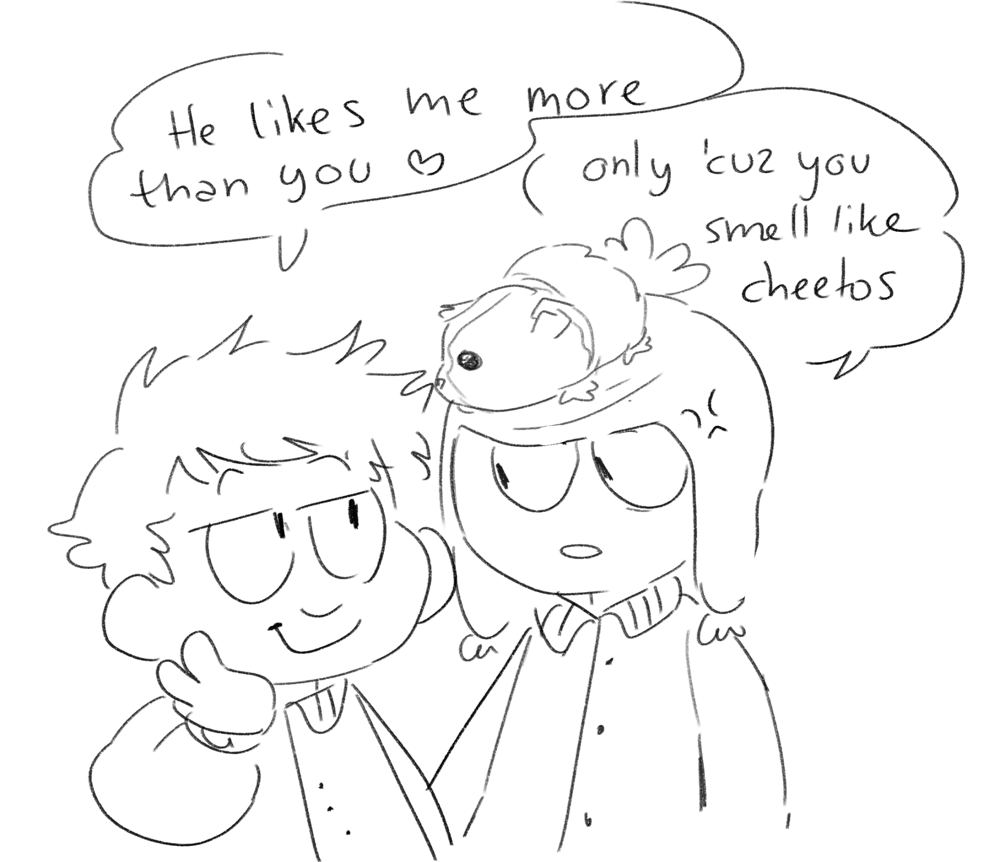 an image of craig and clyde interacting. clyde says that craigs guinea pig likes him more than craig. craig argues that its only because clyde smells like cheetos. the image is drawn by @vegetabletaxi on tumblr :)