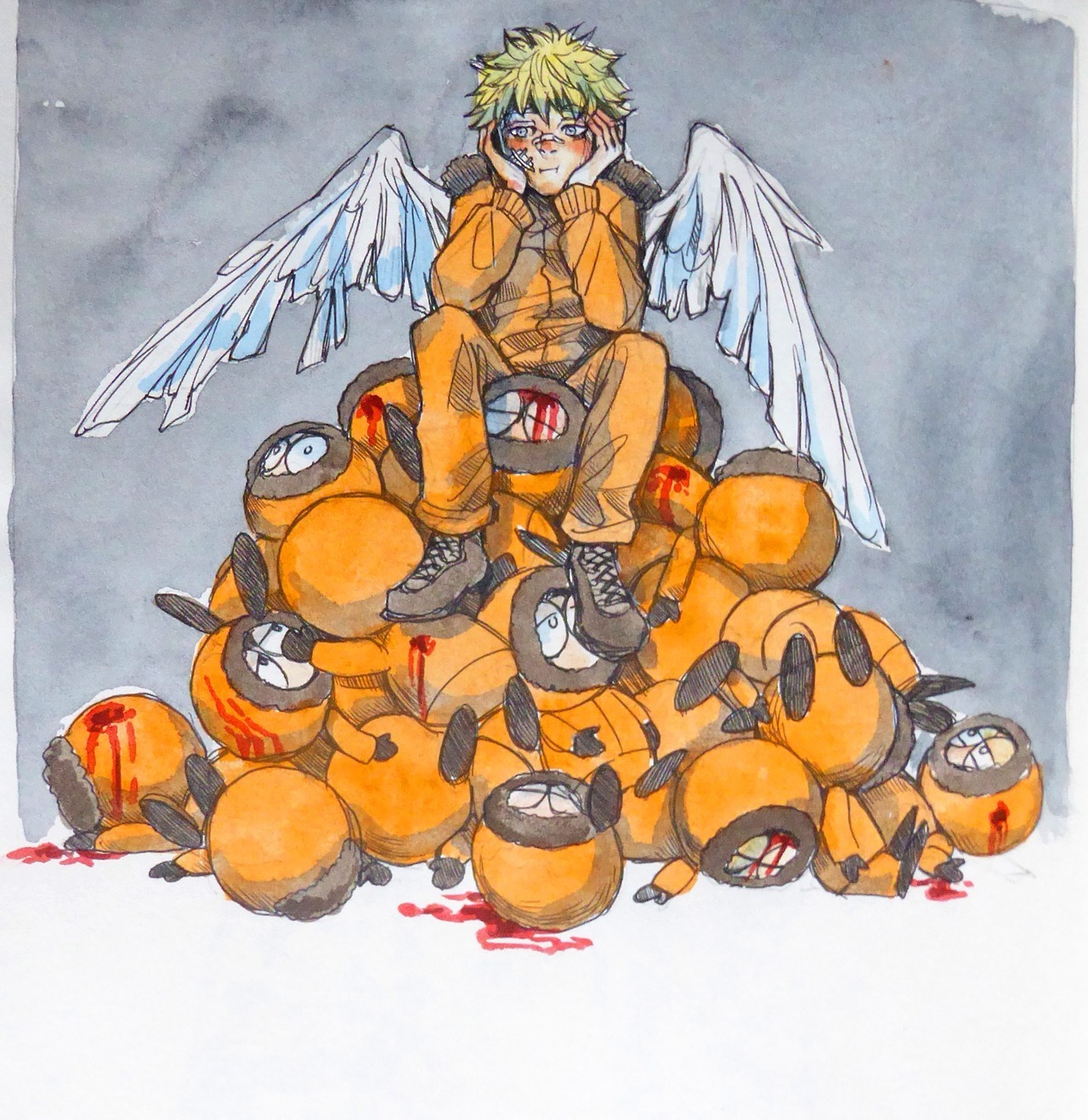 a beautifully drawn water colour peice of kenny sitting over his previous bodies.