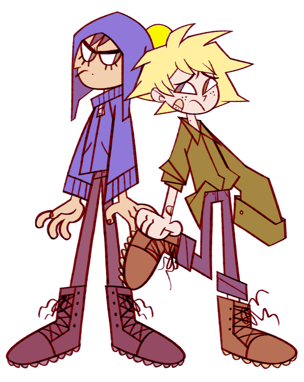 a very stylized drawing of tweek and craig. craig looks annoyed, while tweek looks concerned. the art is done by @kblankart on tumblr